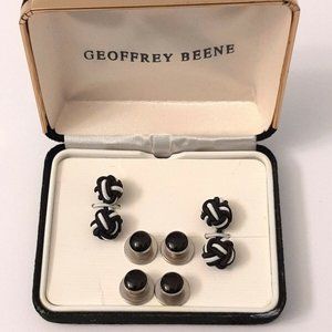 Geoffrey Beene Cuff Link & Studs Set Black White Tied Fabric Knots Velvet Box